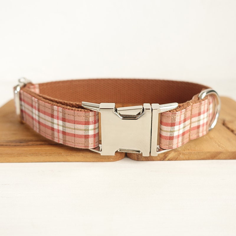 Personalised Dog Name Engraved Handmade BRITISH Plaid Green Dog Collar Boy Girl, Dog Leash