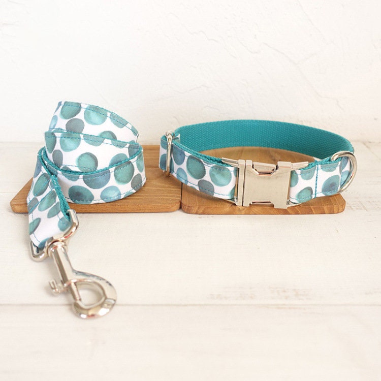 Personalised Cute Boy Dog Collar or Dog Collar and Lead Set in Bubble Pattern, Custom Engraved with Name