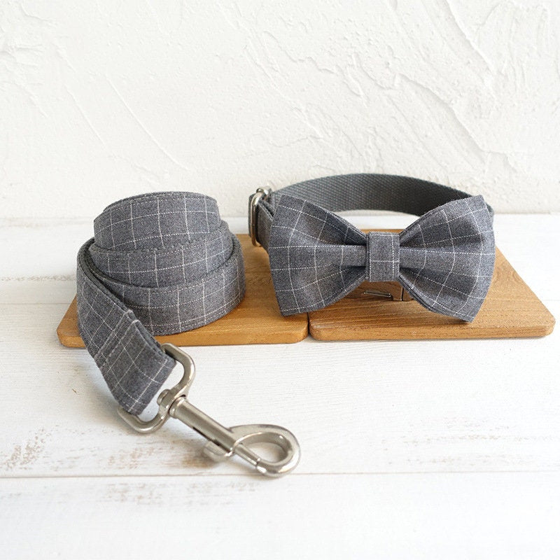 Personalised BLUE GREY PLAID Boy Dog Collar or Dog Collar and Lead Set