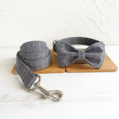 Personalised BLUE GREY PLAID Boy Dog Collar or Dog Collar and Lead Set