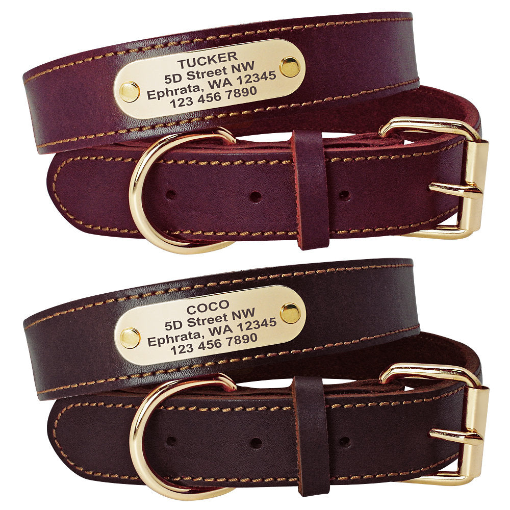 CLEARANCE, NEXT DAY ship | Personalised Laser Engraved Genuine Leather Dog Collar (Red Brown/Dark Brown)