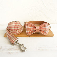 Personalized Laser Engraved Handmade YELLOW/Orange PLAID Cat Dog Collar Leash Bowtie, Different Combo