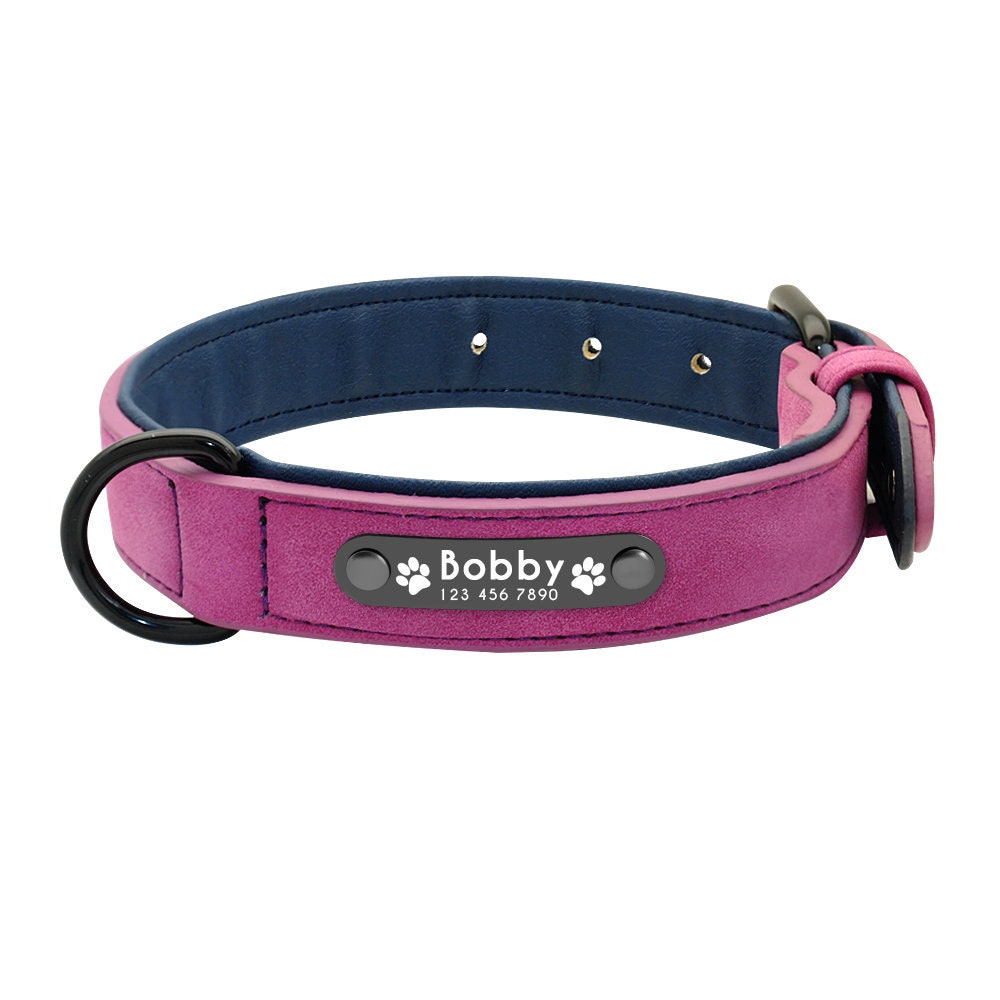 Personalised Plain Dog Collar Faux Leather Padded with Dog Name Engraved