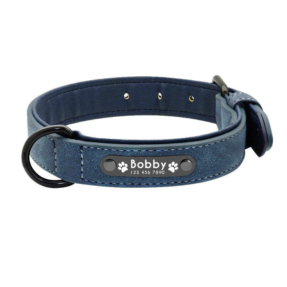 Personalised Plain Dog Collar Faux Leather Padded with Dog Name Engraved