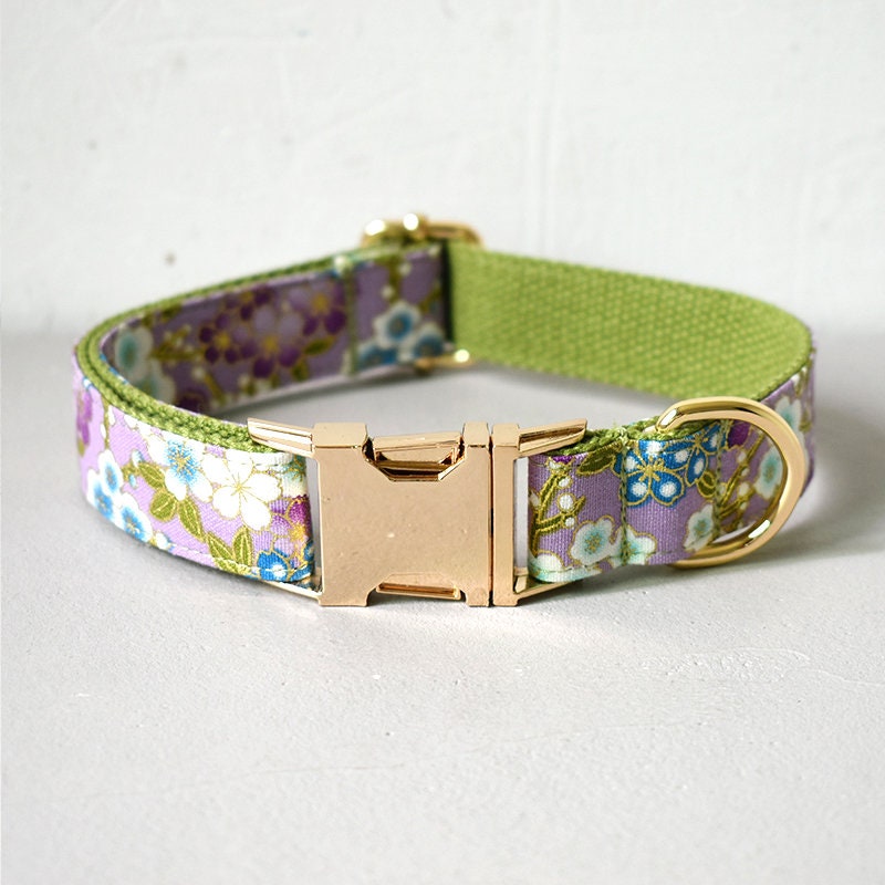 Personalised Japanese Purple Floral Dog Collar or Dog Collar and Lead Set