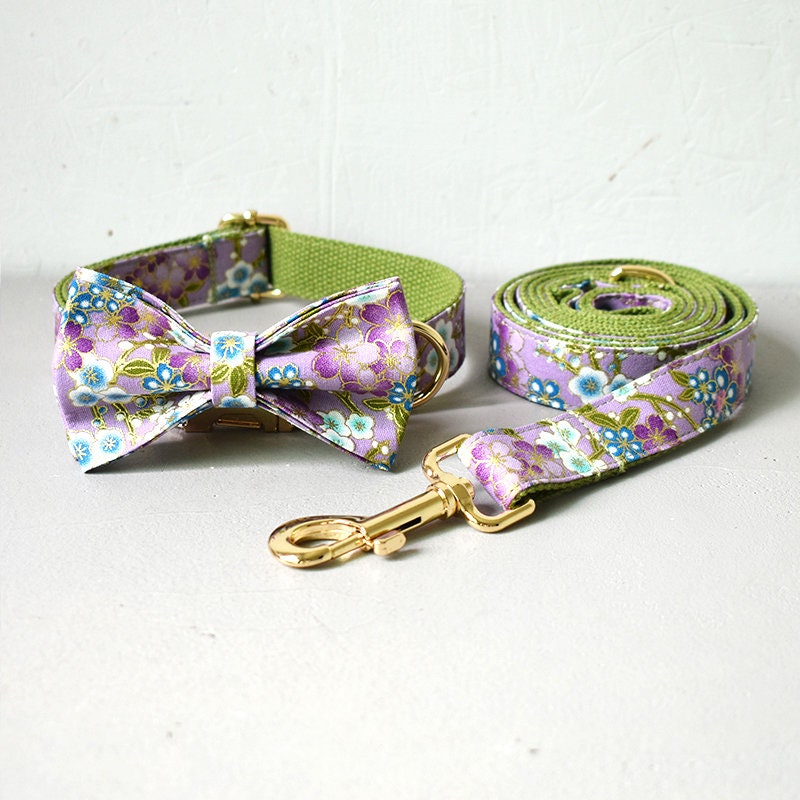 Personalised Japanese Purple Floral Dog Collar or Dog Collar and Lead Set