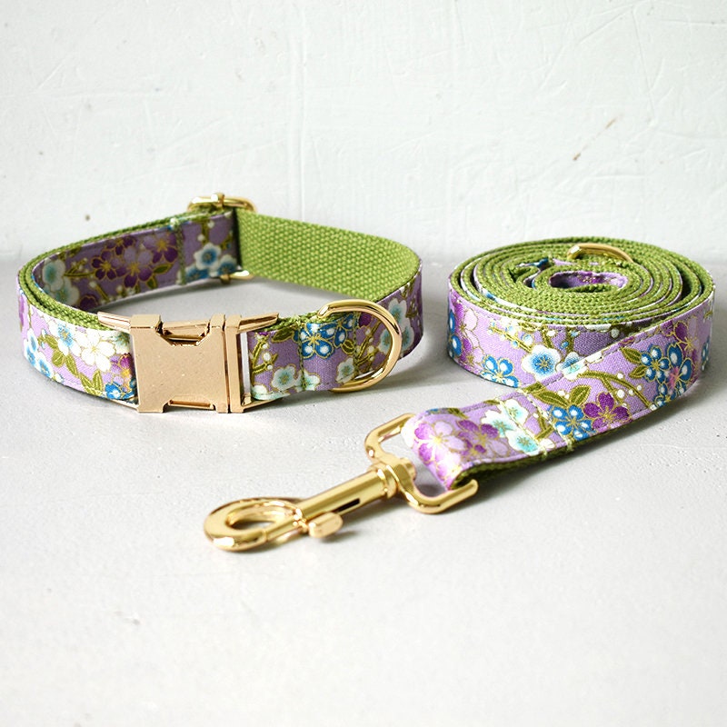 Personalised Japanese Purple Floral Dog Collar or Dog Collar and Lead Set
