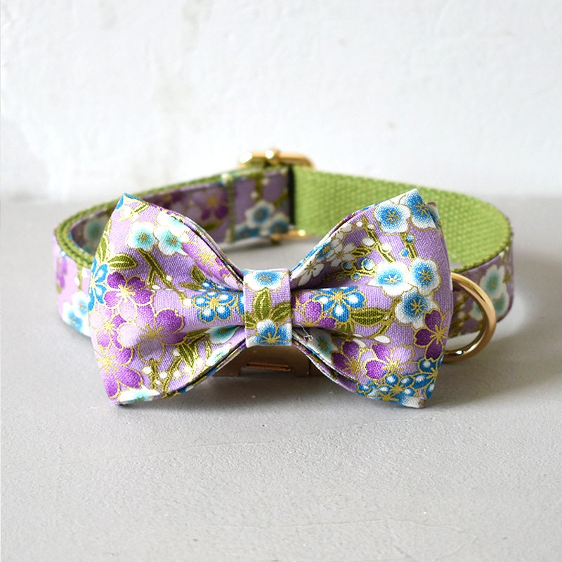 Personalised Japanese Purple Floral Dog Collar or Dog Collar and Lead Set