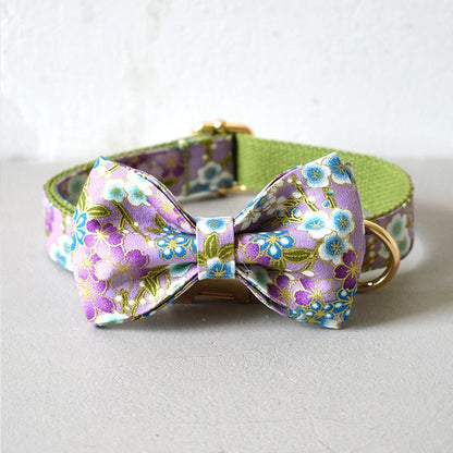 Personalised Japanese Purple Floral Dog Collar or Dog Collar and Lead Set