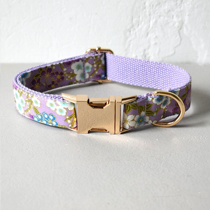 Personalised Japanese Purple Floral Dog Collar or Dog Collar and Lead Set