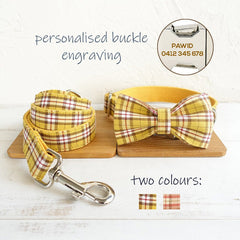 Personalized Laser Engraved Handmade YELLOW/Orange PLAID Cat Dog Collar Leash Bowtie, Different Combo
