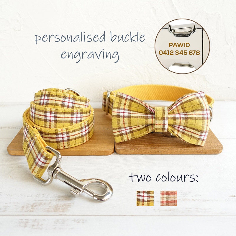 Personalized Laser Engraved Handmade YELLOW/Orange PLAID Cat Dog Collar Leash Bowtie, Different Combo