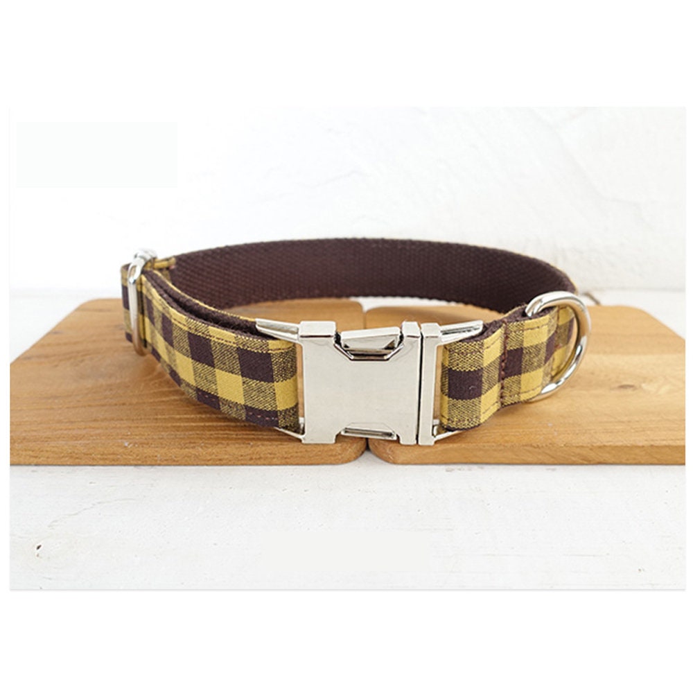Personalised Dog Collar, Leash, Bow Tie in Buffalo Plain, Macgregor Tartan, Red/Black/Yellow/Blue/Gray