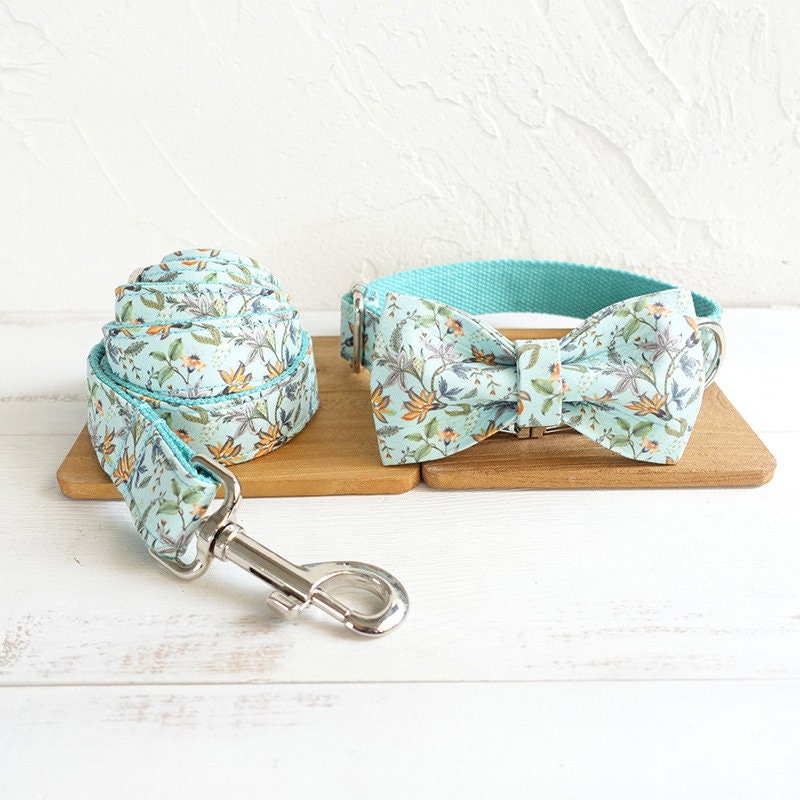 Personalised Floral Dog Collar / Leash / Detachable Bowtie, different combos available * Personalised Pet Gift