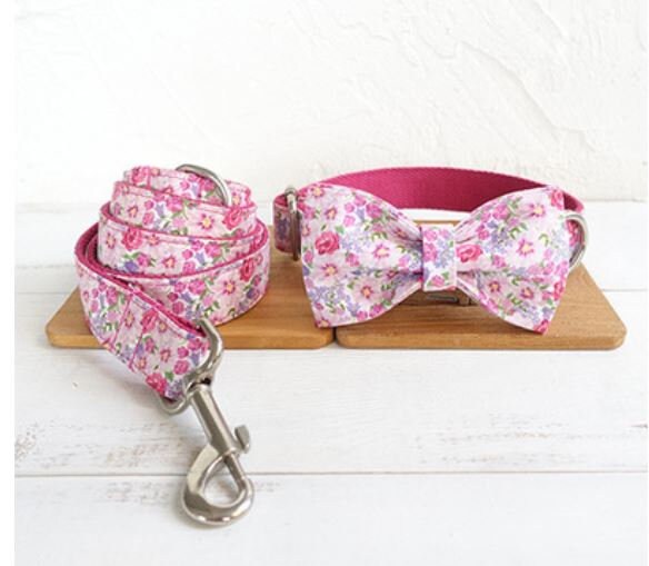 Personalised Floral Dog Collar / Leash / Detachable Bowtie, different combos available * Personalised Pet Gift