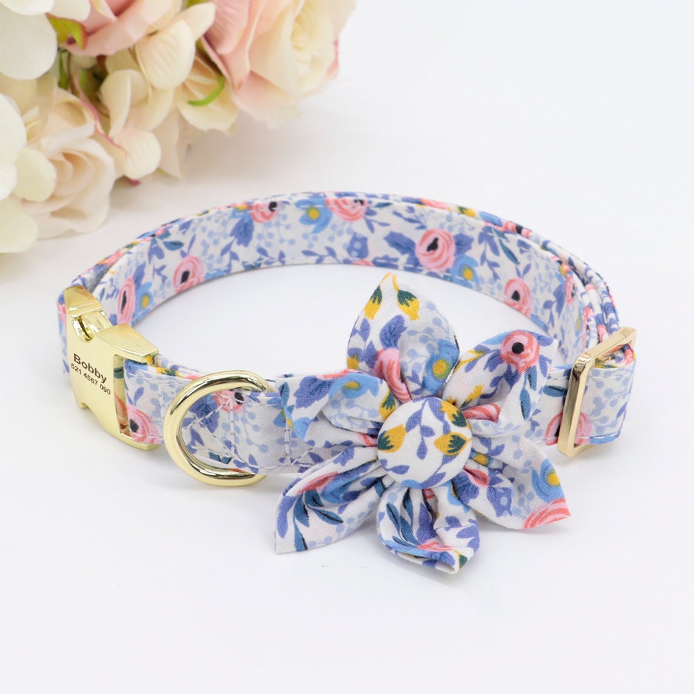 Engraved Floral Dog Collar Or Leash Set with Matching Flower in Beige, Pink, Green, Blue and Floral Pattern, Girl Dog Collar