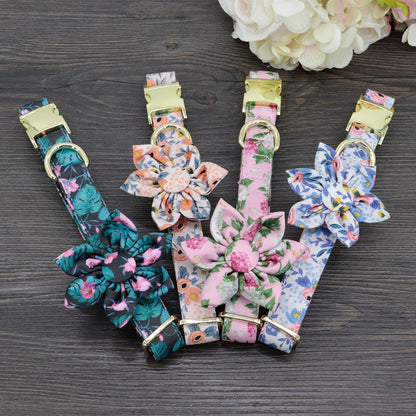 Engraved Floral Dog Collar Or Leash Set with Matching Flower in Beige, Pink, Green, Blue and Floral Pattern, Girl Dog Collar
