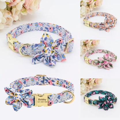 Engraved Floral Dog Collar Or Leash Set with Matching Flower in Beige, Pink, Green, Blue and Floral Pattern, Girl Dog Collar