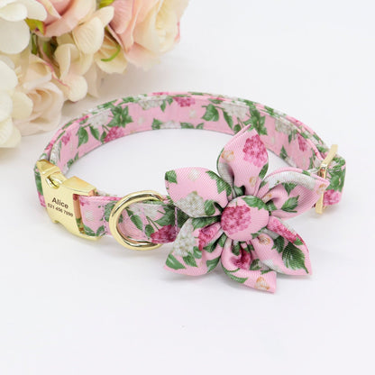 Engraved Floral Dog Collar Or Leash Set with Matching Flower in Beige, Pink, Green, Blue and Floral Pattern, Girl Dog Collar