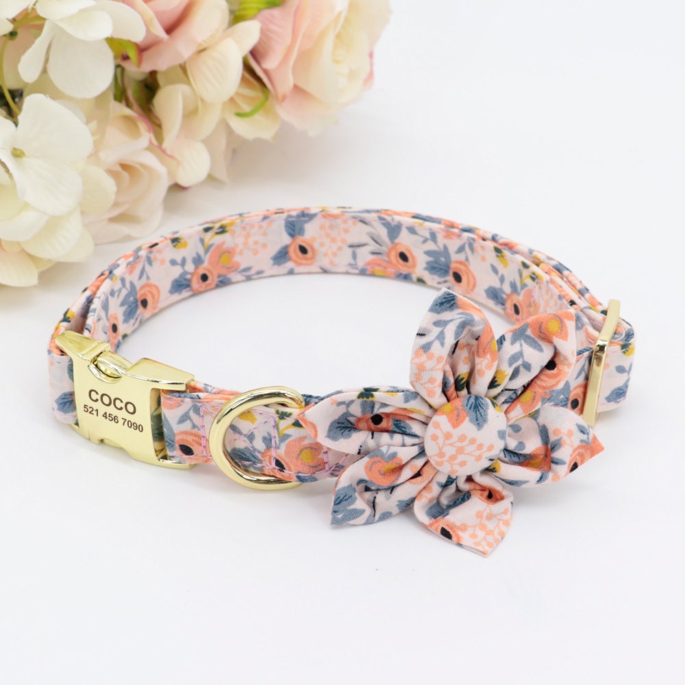 Engraved Floral Dog Collar Or Leash Set with Matching Flower in Beige, Pink, Green, Blue and Floral Pattern, Girl Dog Collar