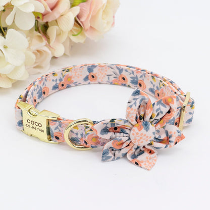 Engraved Floral Dog Collar Or Leash Set with Matching Flower in Beige, Pink, Green, Blue and Floral Pattern, Girl Dog Collar