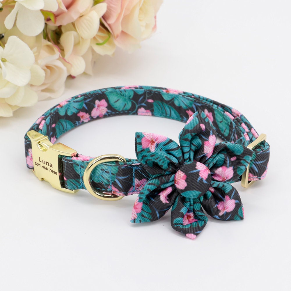 Engraved Floral Dog Collar Or Leash Set with Matching Flower in Beige, Pink, Green, Blue and Floral Pattern, Girl Dog Collar