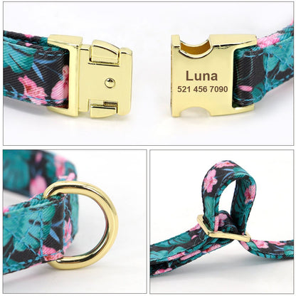 Engraved Floral Dog Collar Or Leash Set with Matching Flower in Beige, Pink, Green, Blue and Floral Pattern, Girl Dog Collar