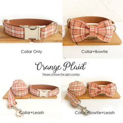 Personalized Laser Engraved Handmade YELLOW/Orange PLAID Cat Dog Collar Leash Bowtie, Different Combo