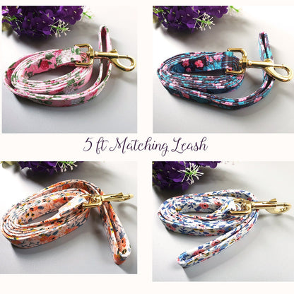 Engraved Floral Dog Collar Or Leash Set with Matching Flower in Beige, Pink, Green, Blue and Floral Pattern, Girl Dog Collar