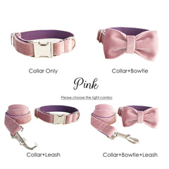 Personalized Engraved Handmade Velvet Dog Collar or Dog Collar and Leash, Dog Bowtie Available