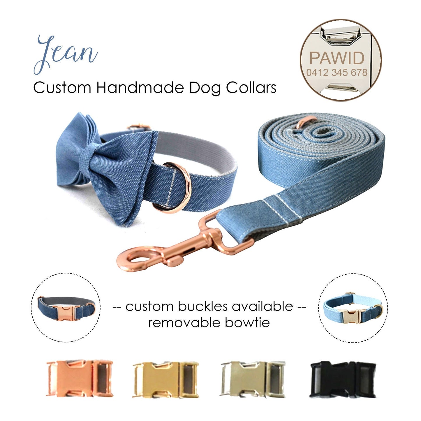 Personalised Jeans Dog Collar or Dog Collar and Lead Set, Bow Tie