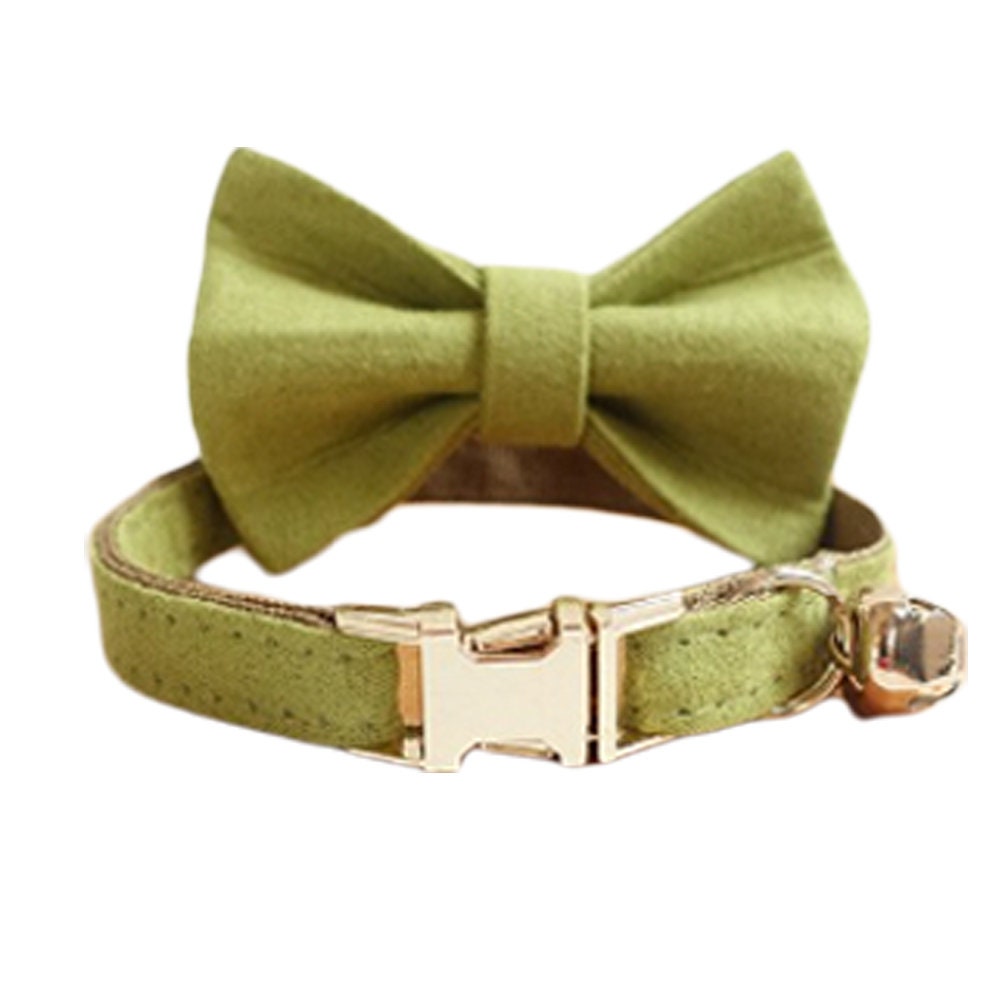 Cat Collar with Bell and Bow, Think Velvet Custom Pet ID Collar in Beige, Red, Light Blue, Yellow, Gray, Purple, Green, Small Dog Collar