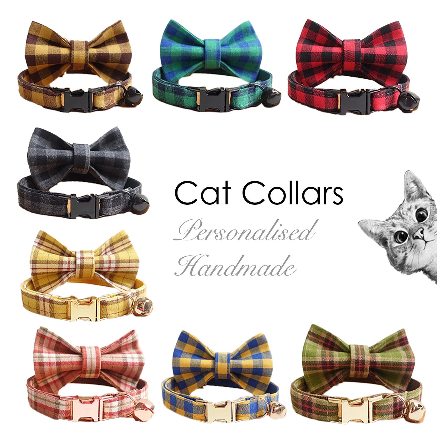 Plaid Cat Collar with Bell, Checkered Style Custom Cat Collar with Bow and Personalised Quick Release Buckle with Name Gingham Style