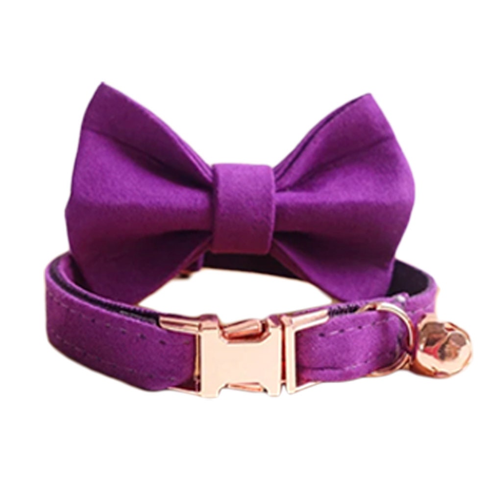 Cat Collar with Bell and Bow, Think Velvet Custom Pet ID Collar in Beige, Red, Light Blue, Yellow, Gray, Purple, Green, Small Dog Collar