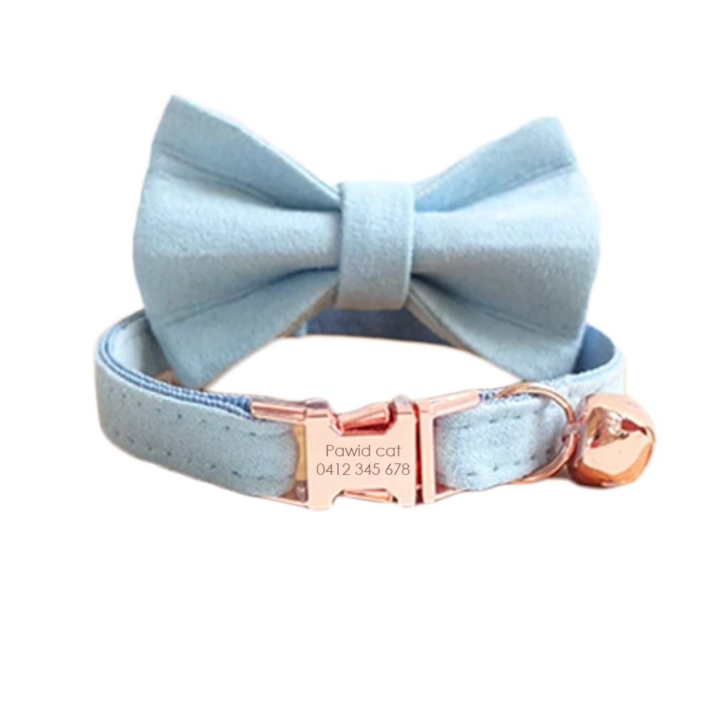Cat Collar with Bell and Bow, Think Velvet Custom Pet ID Collar in Beige, Red, Light Blue, Yellow, Gray, Purple, Green, Small Dog Collar