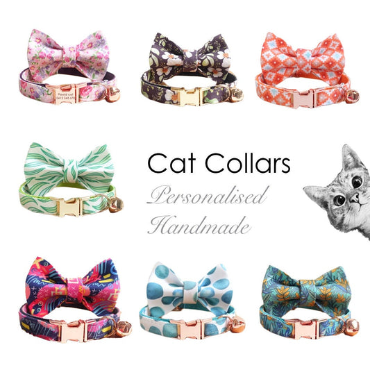 Cat Collar Gold with Bell Easyrelease Buckle, Personalised Floral Puppy Kitten Collar in Pink, Green, Black, Orange, Blue, Detachable Bow