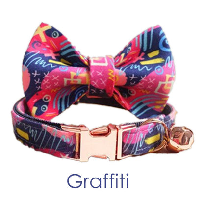 Cat Collar Gold with Bell Easyrelease Buckle, Personalised Floral Puppy Kitten Collar in Pink, Green, Black, Orange, Blue, Detachable Bow
