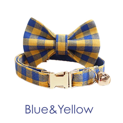 Plaid Cat Collar with Bell, Checkered Style Custom Cat Collar with Bow and Personalised Quick Release Buckle with Name Gingham Style