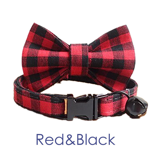 Plaid Cat Collar with Bell, Checkered Style Custom Cat Collar with Bow and Personalised Quick Release Buckle with Name Gingham Style