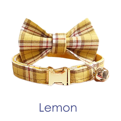 Plaid Cat Collar with Bell, Checkered Style Custom Cat Collar with Bow and Personalised Quick Release Buckle with Name Gingham Style