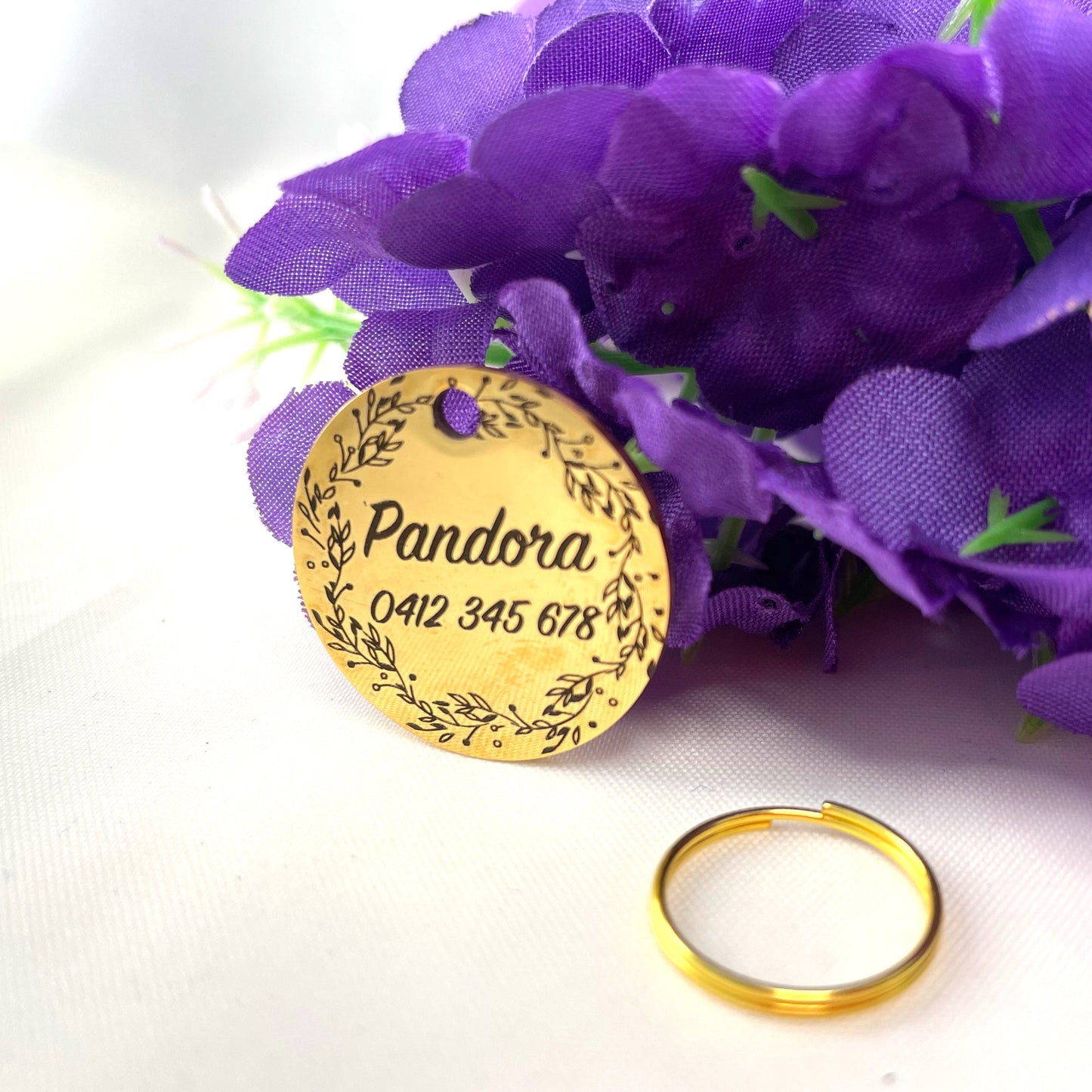 Dog ID Tag Stainless Steel Gold Plated Premium Custom Name Engraved Dog Tag with Floral Design
