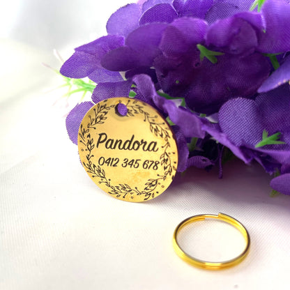 Dog ID Tag Stainless Steel Gold Plated Premium Custom Name Engraved Dog Tag with Floral Design