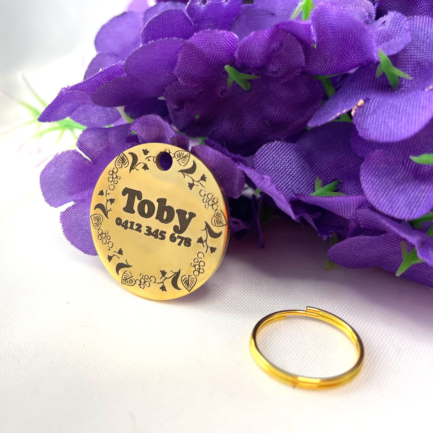 Dog ID Tag Stainless Steel Gold Plated Premium Custom Name Engraved Dog Tag with Floral Design