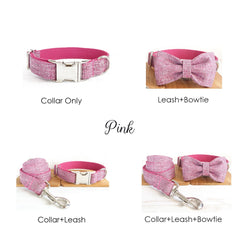 Personalized Engraved Handmade Pink Blue SUIT Dog Collar or Dog Collar and Lead Set, Dog Bow Tie Available