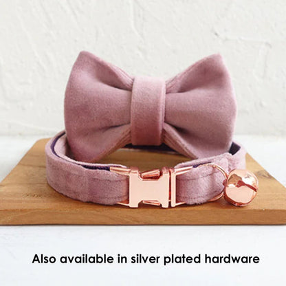 Velvet Kitten Puppy Collar with Bell and Bow, Custom Cat Collar with Name in Dust Pink, Purple, Blue, and Brown for Boys and Girl Pet