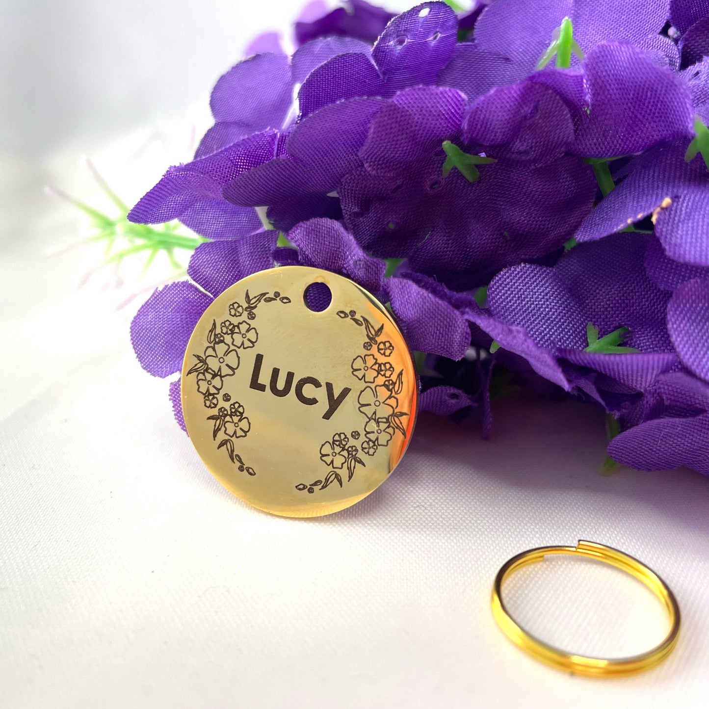 Dog ID Tag Stainless Steel Gold Plated Premium Custom Name Engraved Dog Tag with Floral Design