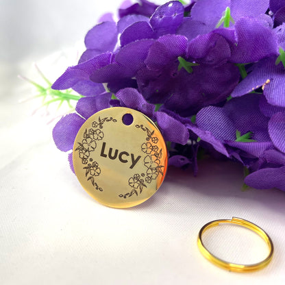 Dog ID Tag Stainless Steel Gold Plated Premium Custom Name Engraved Dog Tag with Floral Design