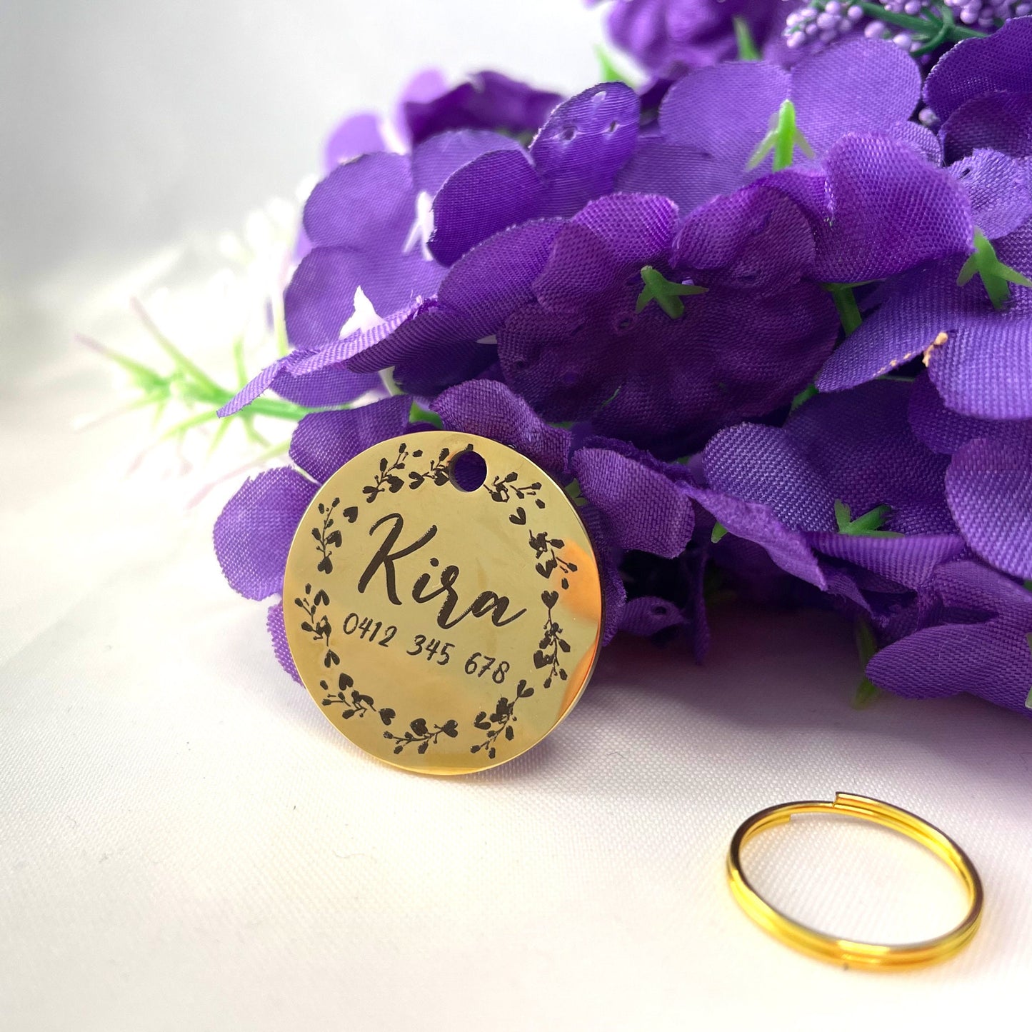 Dog ID Tag Stainless Steel Gold Plated Premium Custom Name Engraved Dog Tag with Floral Design