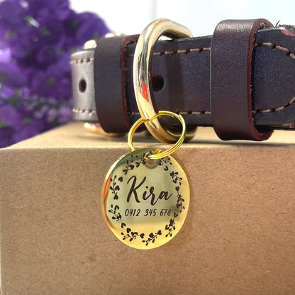 Dog ID Tag Stainless Steel Gold Plated Premium Custom Name Engraved Dog Tag with Floral Design