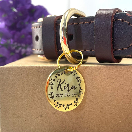 Dog ID Tag Stainless Steel Gold Plated Premium Custom Name Engraved Dog Tag with Floral Design
